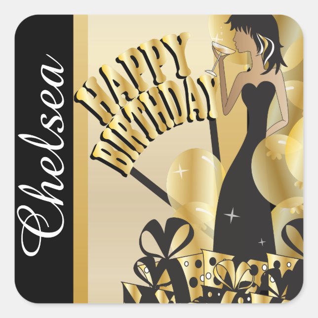 Happy Birthday Cocktail Girl | DIY Name | Gold Quadratischer Aufkleber (Vorderseite)