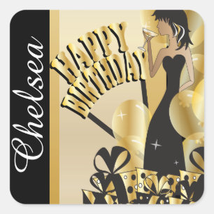 Happy Birthday Cocktail Girl   DIY Name   Gold Quadratischer Aufkleber
