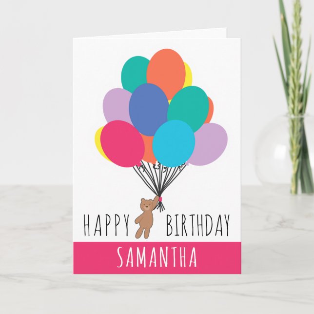 Happy Birthday Colorful Ballon Teddy Bären Name Karte (Vorderseite)