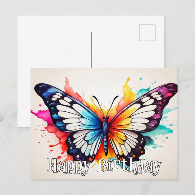 Happy Birthday Colorful Butterfly Wasserfarben Kun Postkarte (Vorne/Hinten)