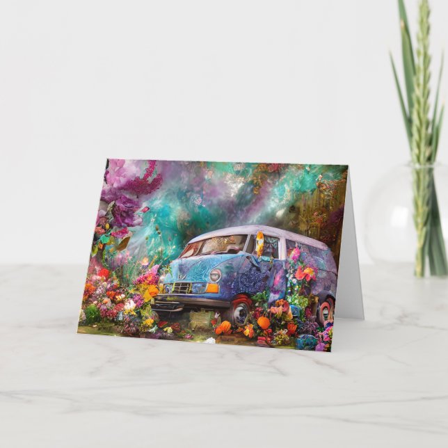 Happy Birthday Combi van mit Blume der 70er Jahre  Dankeskarte (Vorderseite)