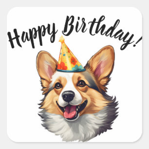 Happy Birthday cone Corgi Quadratischer Aufkleber