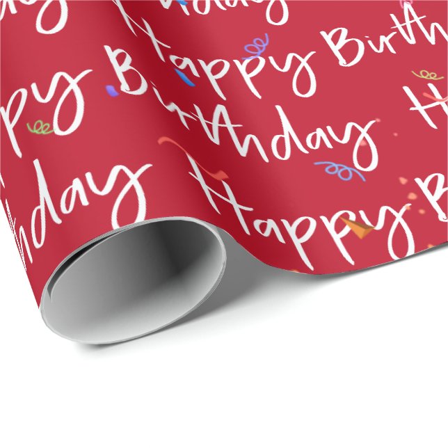 Happy Birthday Confetti auf Rot Geschenkpapier (Rolleneckpunkt)