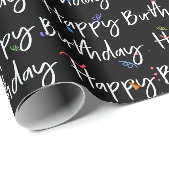 Happy Birthday Confetti auf schwarz Geschenkpapier (Rolleneckpunkt)