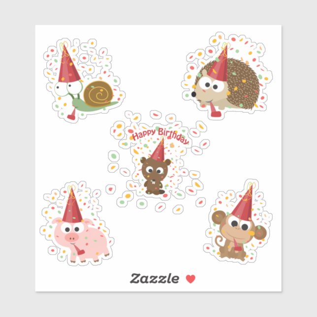 Happy Birthday Confetti Party Tiere Sticker Set (Blatt)