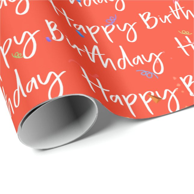 Happy Birthday Confetti zu Orange Geschenkpapier (Rolleneckpunkt)