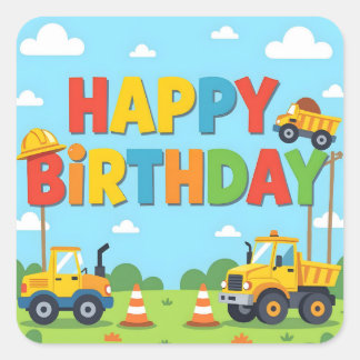 Happy birthday construction builder theme quadratischer aufkleber