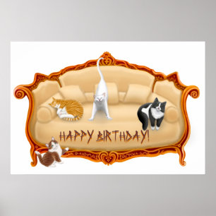 Happy Birthday Couch Cats Print Poster