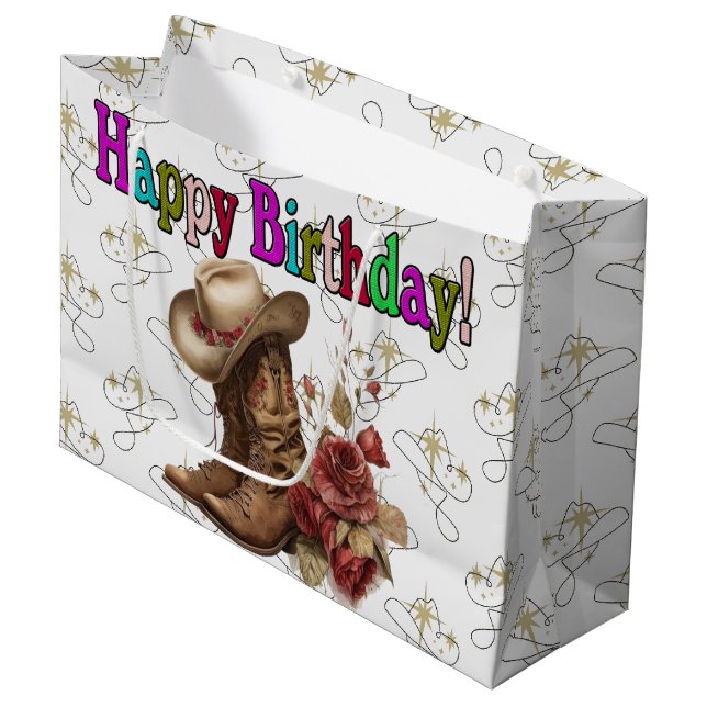 Happy Birthday Cowgirl Große Geschenktüte (Vorderseite Schrägansicht)
