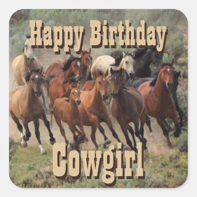 Happy Birthday Cowgirl Quadratischer Aufkleber (Vorderseite)