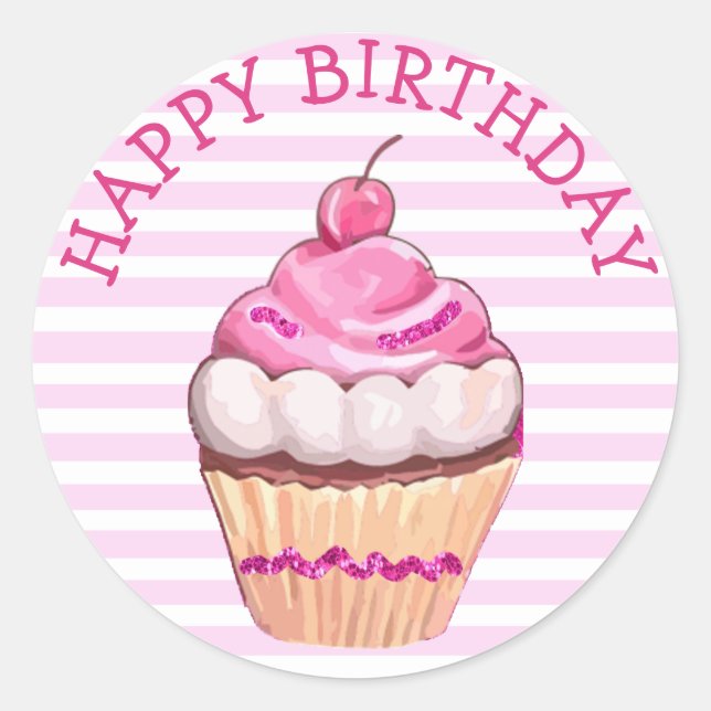 Happy Birthday Cupcake Stickers pink und weiß (Vorderseite)