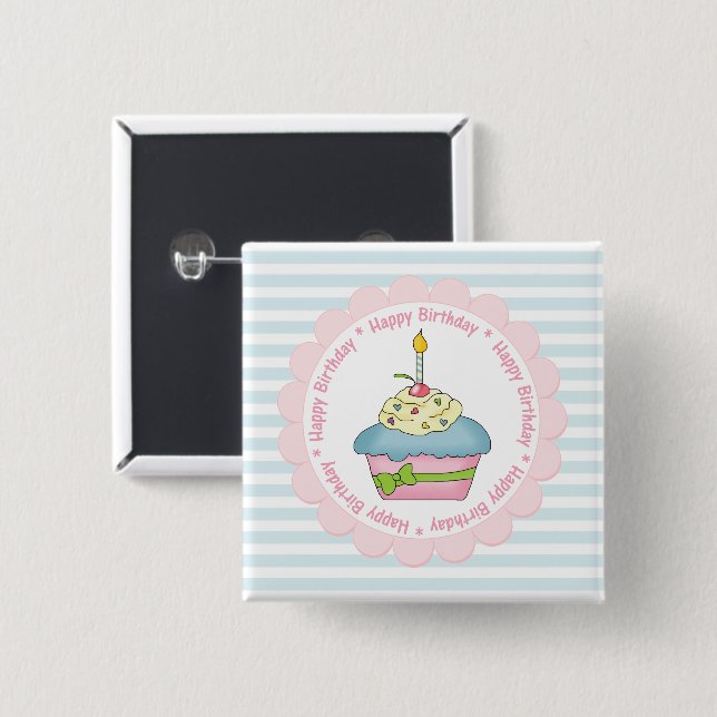 Happy Birthday Cupcakes Blue Streifen mit Rosa Button (Vorne & Hinten)