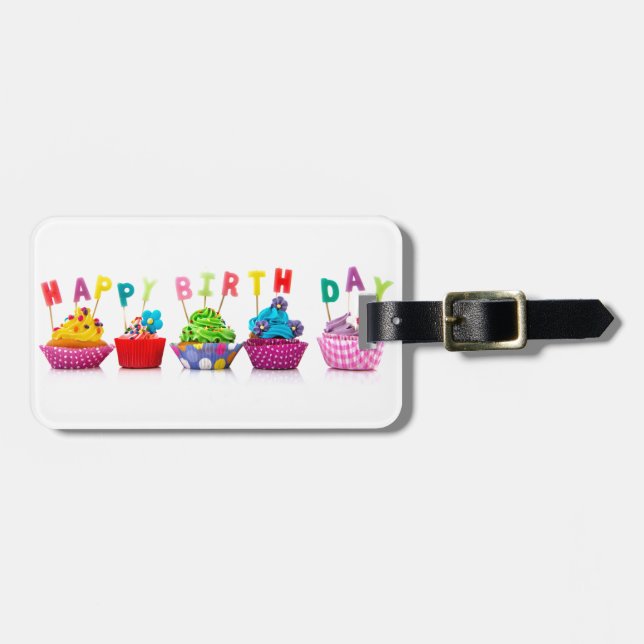 Happy Birthday Cupcakes Gepäckanhänger (Vorderseite horizontal)