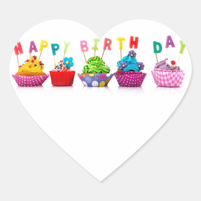 Happy Birthday Cupcakes Herz-Aufkleber (Vorderseite)