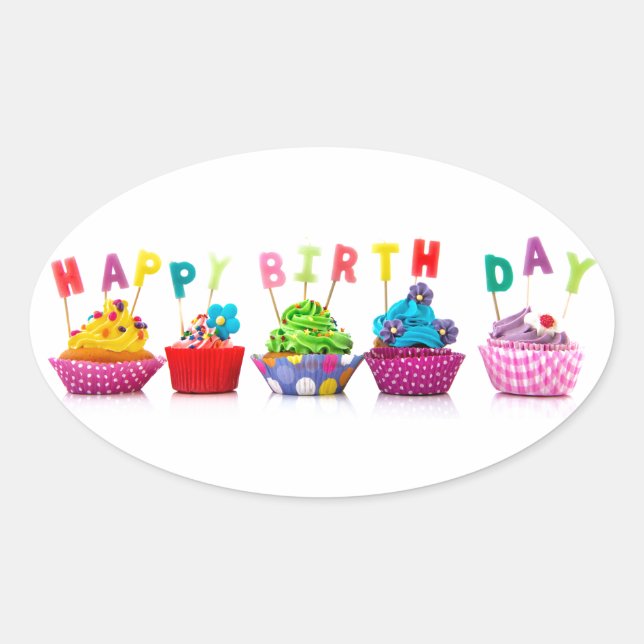 Happy Birthday Cupcakes Ovaler Aufkleber (Vorderseite)