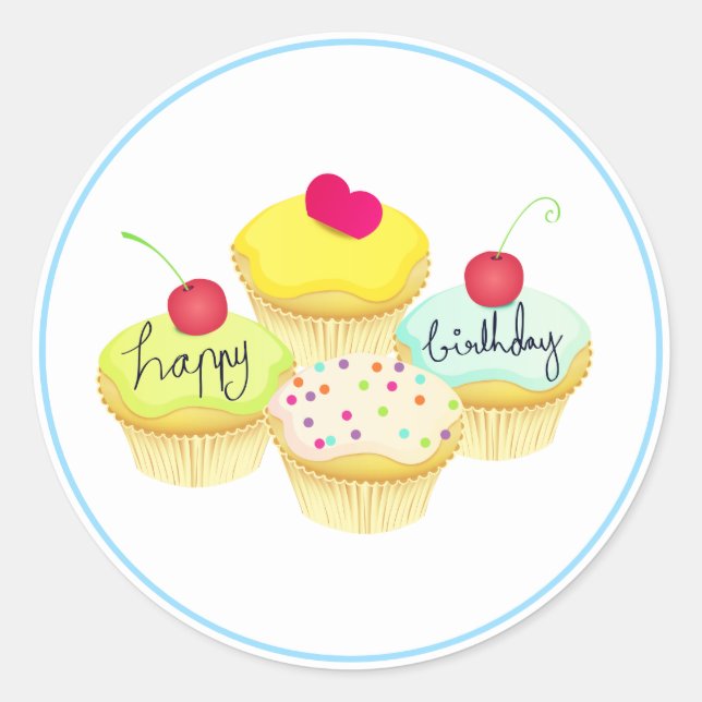 Happy Birthday Cupcakes Runder Aufkleber (Vorderseite)