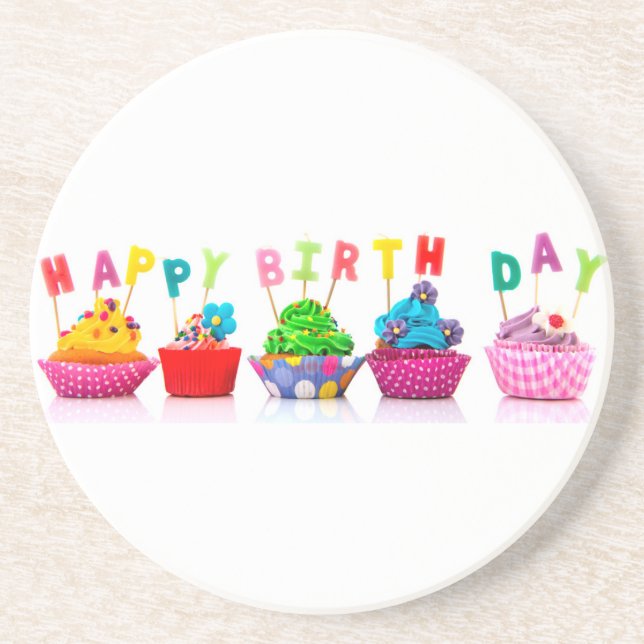 Happy Birthday Cupcakes Sandstein Untersetzer (Vorne)