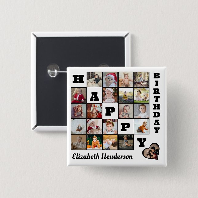 Happy Birthday Custom 21 Foto Collage Geschenk Button (Vorne & Hinten)