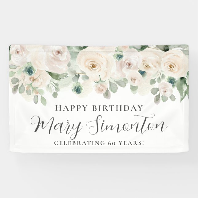Happy Birthday Custom Banner White Floral 60. (Horizontal)