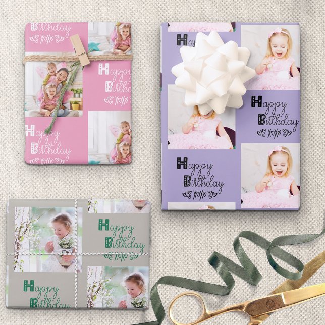 Happy Birthday Custom Foto Pink Lavender Set 3 Geschenkpapier Set (Von Creator hochgeladen)
