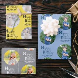 Happy Birthday Custom Foto Set 3 Blue Yellow Geschenkpapier Set