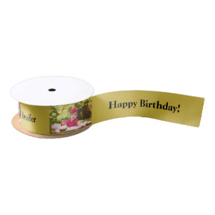 Happy Birthday Custom Foto und Name Gold & Black Satinband