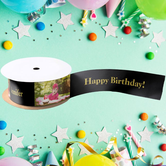 Happy Birthday Custom Foto und Name Gold & Black Satinband (Von Creator hochgeladen)