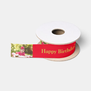 Happy Birthday Custom Foto und Name Gold & Red Satinband