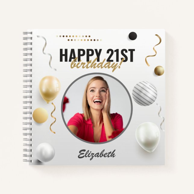 Happy Birthday Custom Modern Foto Gift Notizbuch (Vorderseite)