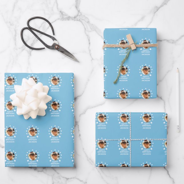 Happy Birthday Custom Photo Blue Wrapping Paper Geschenkpapier Set (Vorderseite)