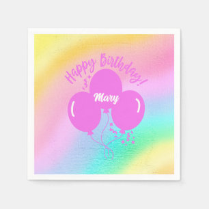 Happy Birthday Custom Rainbow Hot Pink Balloons Serviette