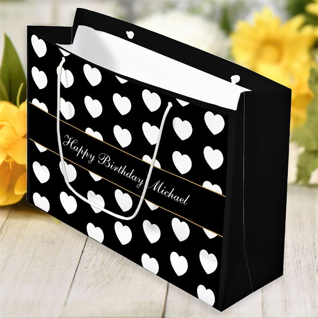 Happy Birthday Custom Text Elegant Herz Muster Große Geschenktüte (Von Creator hochgeladen)