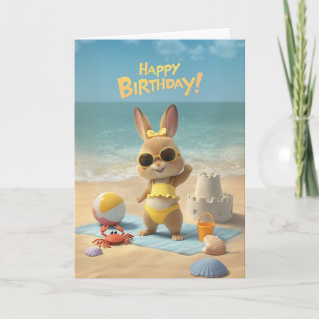 Happy Birthday Cute Bunny Beach Summer Birthday Karte (Vorderseite)