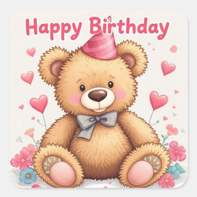 Happy Birthday Cute Teddy Bear with Pink Hearts Quadratischer Aufkleber (Vorderseite)