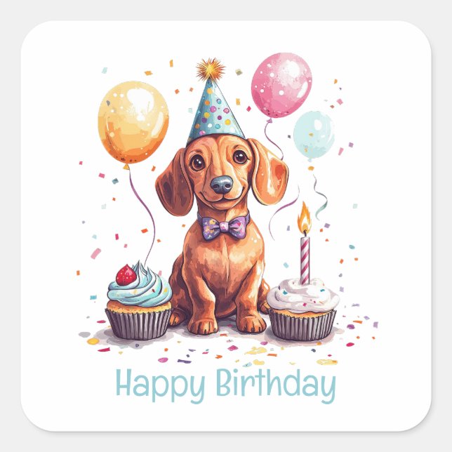 Happy Birthday Dachshund Dog  Quadratischer Aufkleber (Vorderseite)