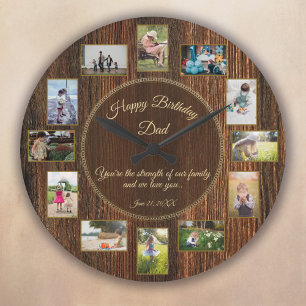Happy Birthday Dad Rustic Wood Photo Template Große Wanduhr