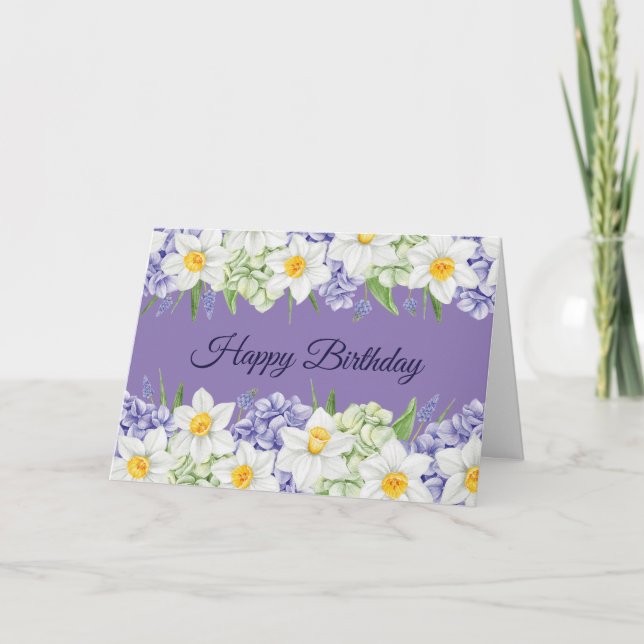 Happy Birthday Daffodil and Hydrangea Blume Karte (Vorderseite)