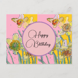 Happy Birthday Daffodil floral Pink Postcard Postkarte