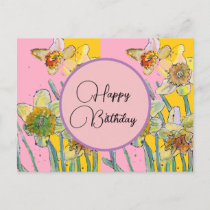 Happy Birthday Daffodil floral Pink Postcard Postkarte