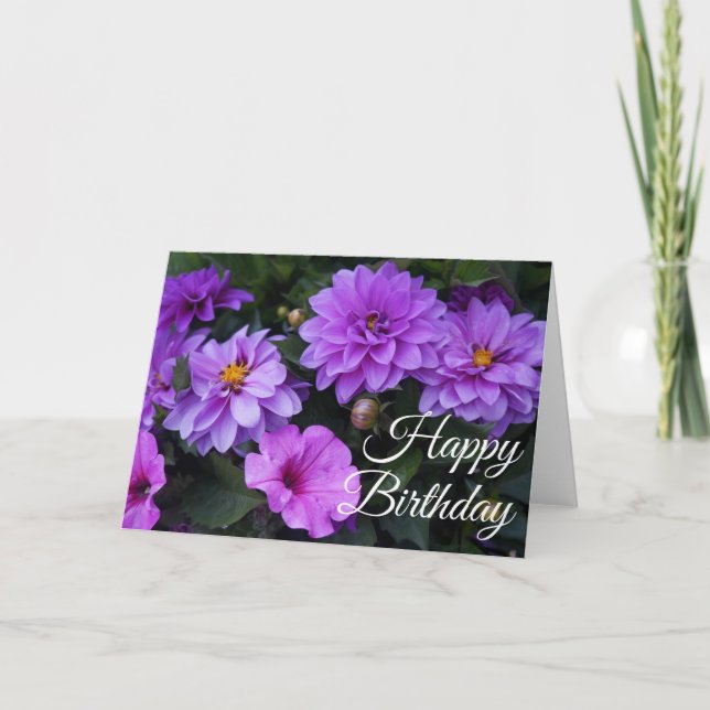 Happy Birthday Dahlia Lilac and Petunia Card Karte (Vorderseite)