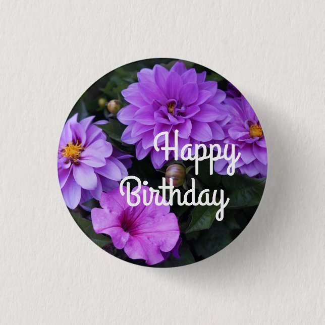 Happy Birthday Dahlia Lilac & Petunia #1-3 Button (Vorderseite)