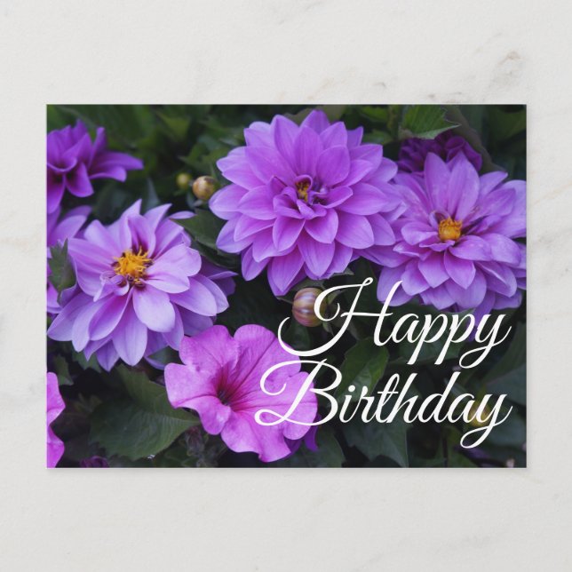 Happy Birthday Dahlia Lilac und Petunia Postcard Postkarte (Vorderseite)