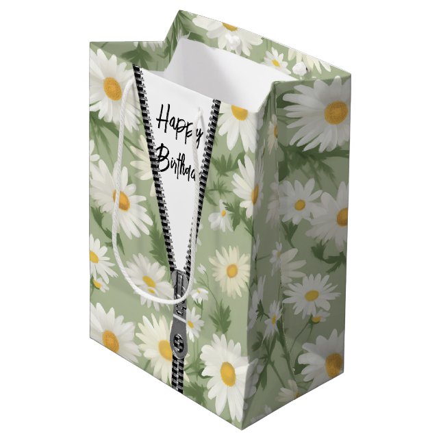 Happy Birthday Daisies mit Zipper Mittlere Geschenktüte (Vorderseite Schrägansicht)