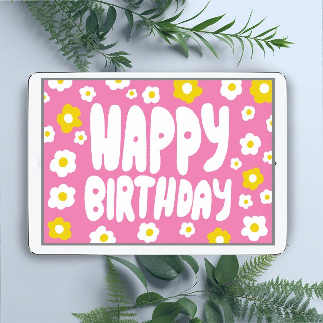 HAPPY BIRTHDAY Daisis Bubble Letters CUSTOM Bday Karte (Custom groovy happy birthday card with bright pink and yellow daisy pattern - digital or paper card)