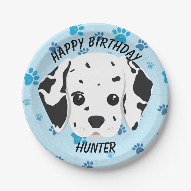 Happy Birthday Dalmatiner Puppy Blue Paw Print Pappteller (Vorderseite)