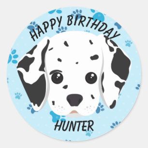 Happy Birthday Dalmatiner Puppy Blue Paw Print Runder Aufkleber