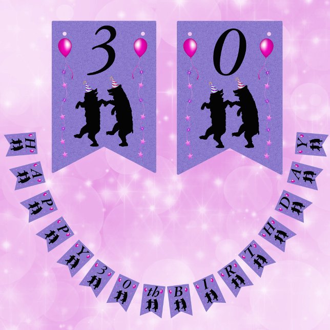 Happy Birthday Dancing Bears Balloons Stars Purple Wimpelkette (Dancing black bears pink stars balloons party hats on purple Happy Birthday flag banner for parties.)