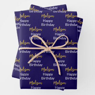 Happy Birthday Dark Blue White Gold Script Name Geschenkpapier Set