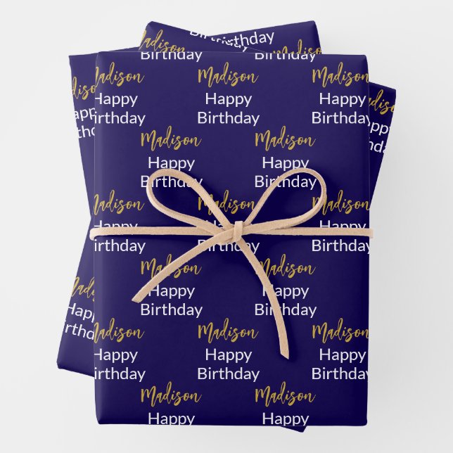 Happy Birthday Dark Blue White Gold Script Name Geschenkpapier Set (Beispiel)