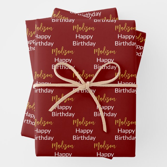 Happy Birthday Dark Red White Gold Script Name Geschenkpapier Set (Beispiel)